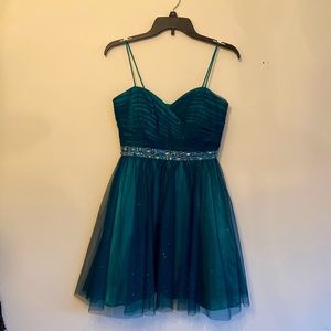 Teal homecoming dress with shimmery overlay